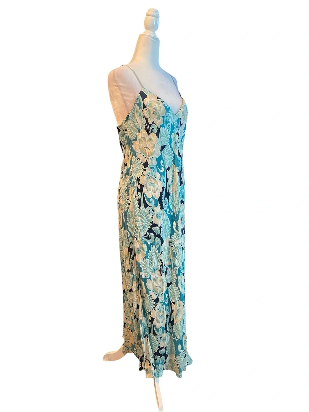 August silk vintage 90’s Floral Slip Maxi Dress in Teal and Cream - Picture 2 of 11